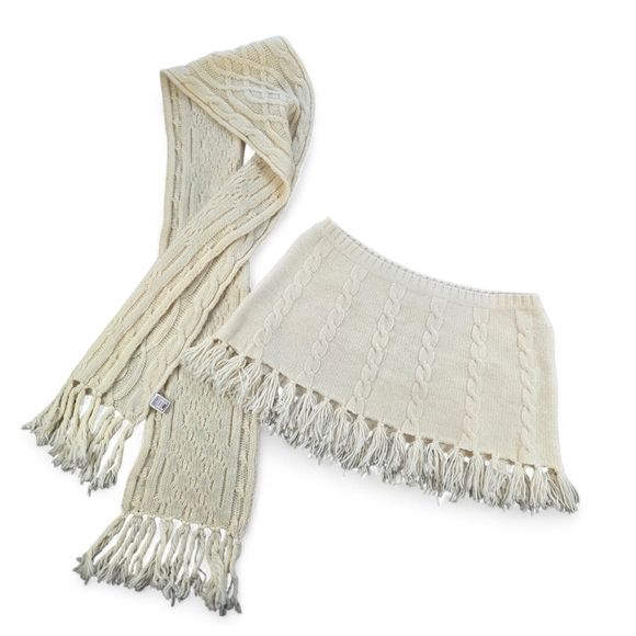 Old Navy Dresses & Skirts - Y2K '04 Old Navy Lambswool Cable Knit Fringe Scarf & Mini Skirt Set S/M Cream